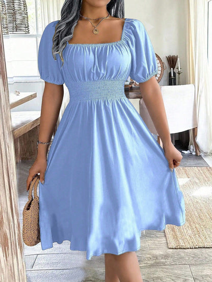 Chiquease 1pc Women Square Collar Puff Sleeve Cinched Waist Palazzo Green Dress, Spring/Summer