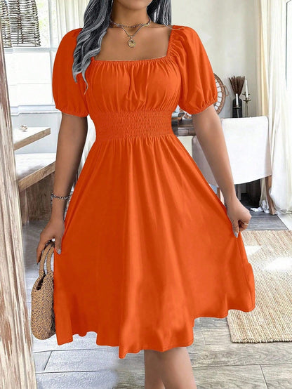 Women Square Collar Puff Sleeve Cinched Waist Palazzo Green Dress, Spring/Summer