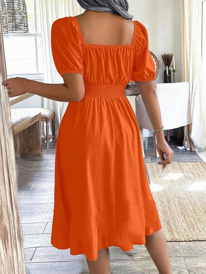 Chiquease 1pc Women Square Collar Puff Sleeve Cinched Waist Palazzo Green Dress, Spring/Summer