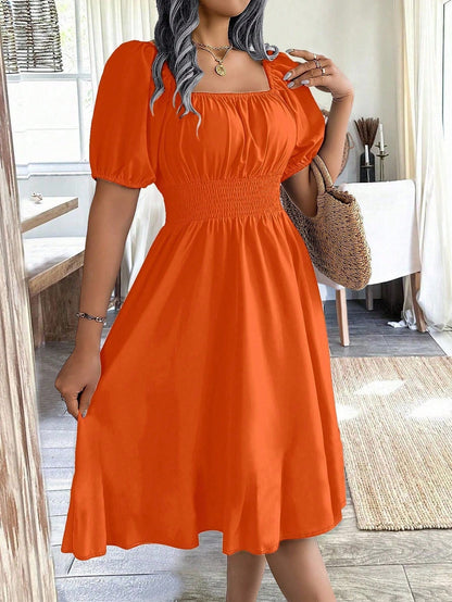 Chiquease 1pc Women Square Collar Puff Sleeve Cinched Waist Palazzo Green Dress, Spring/Summer