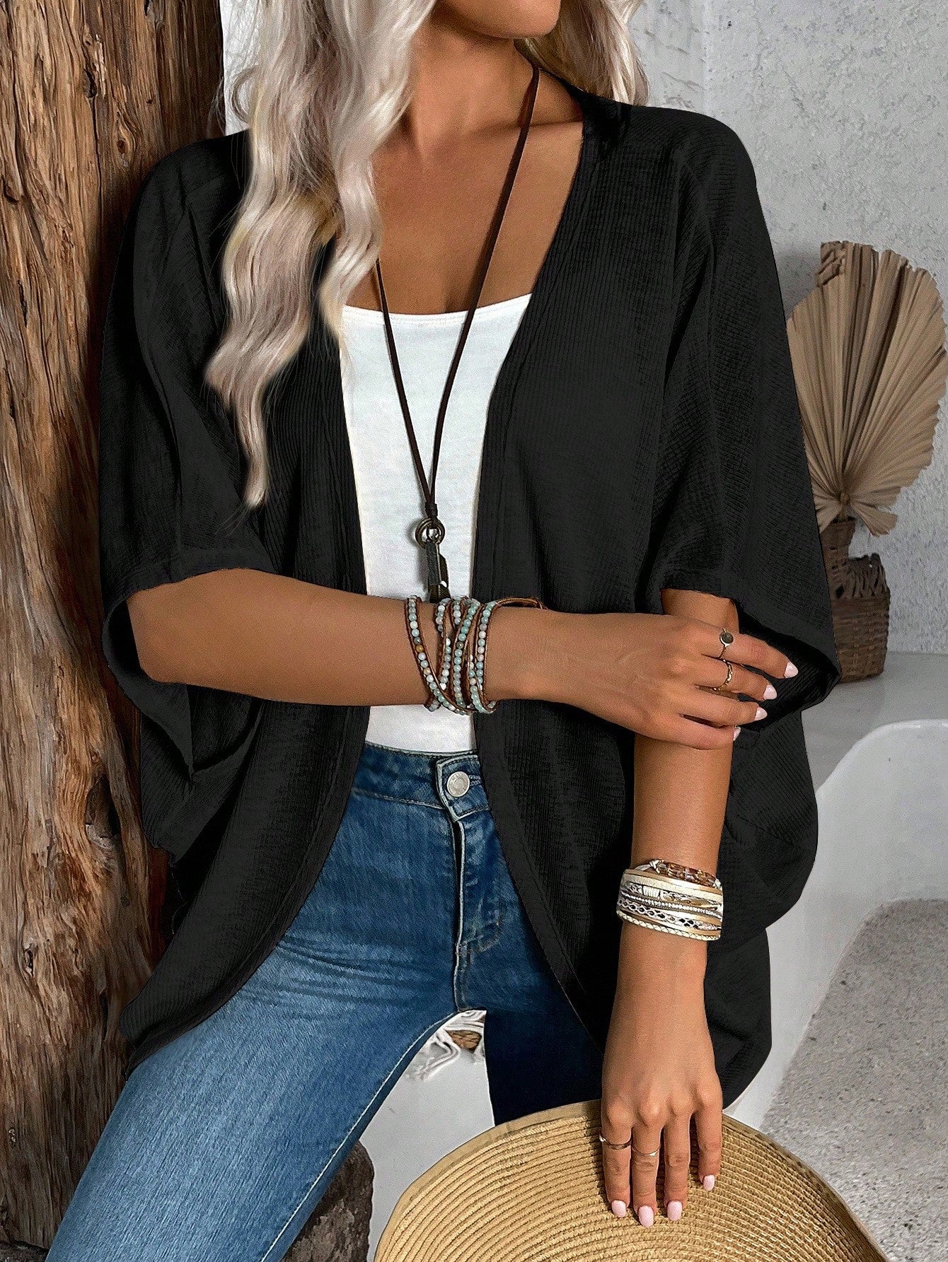 EMERY ROSE Women's Casual Batwing Sleeve Regular Outerwear For Daily Wear