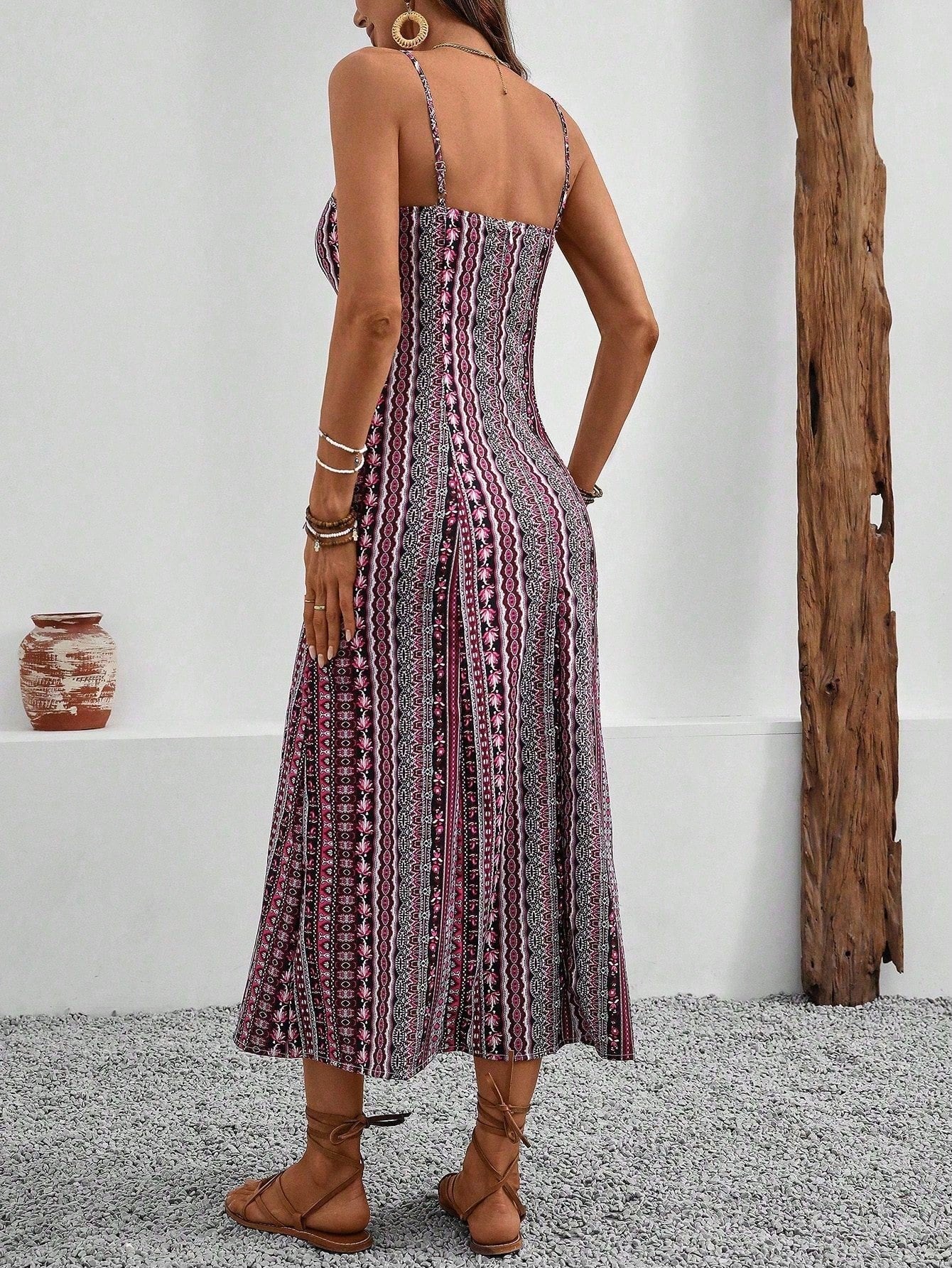 Breezaya Vintage Style Women's Printed Spaghetti Strap Dress With High Side Slit Maxi Vacation Beach Outfit