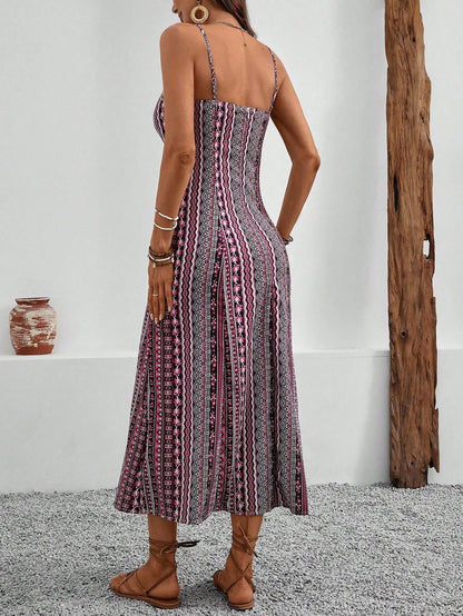 Breezaya Vintage Style Women's Printed Spaghetti Strap Dress With High Side Slit Maxi Vacation Beach Outfit
