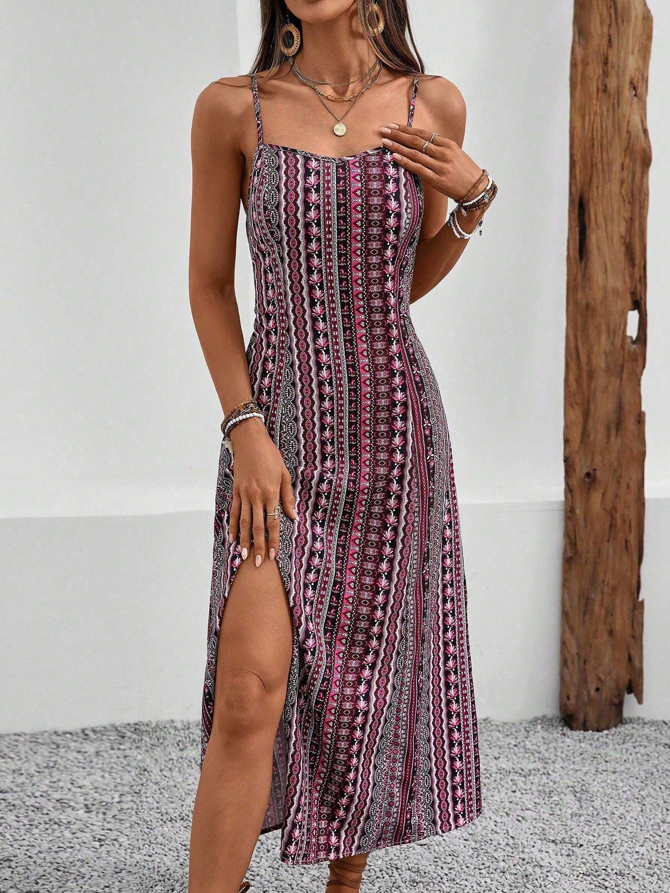 Breezaya Vintage Style Women's Printed Spaghetti Strap Dress With High Side Slit Maxi Vacation Beach Outfit