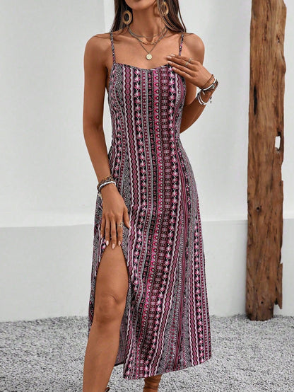 Breezaya Vintage Style Women's Printed Spaghetti Strap Dress With High Side Slit Maxi Vacation Beach Outfit