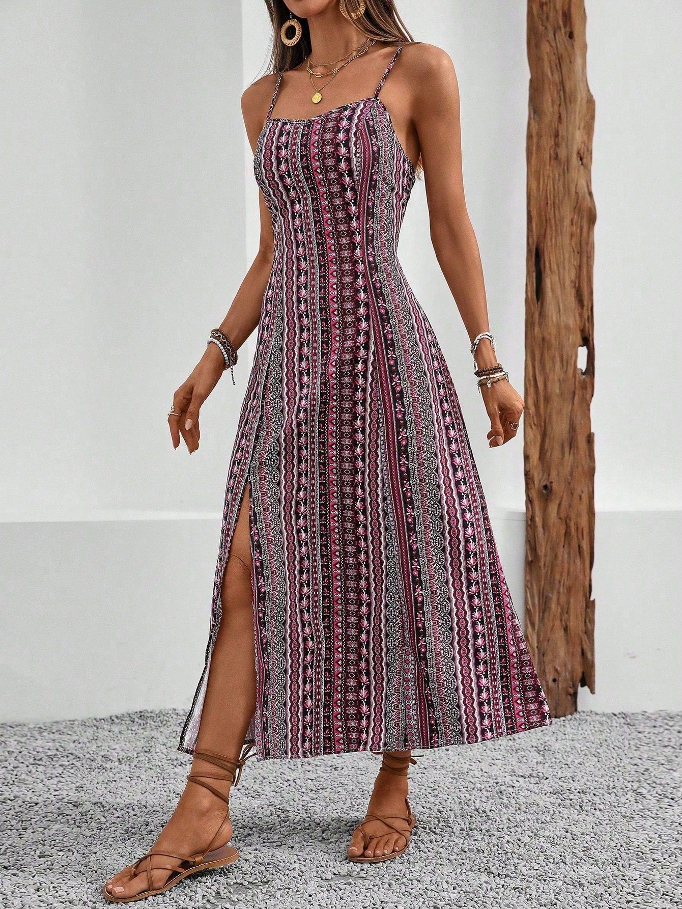 Breezaya Vintage Style Women's Printed Spaghetti Strap Dress With High Side Slit Maxi Vacation Beach Outfit