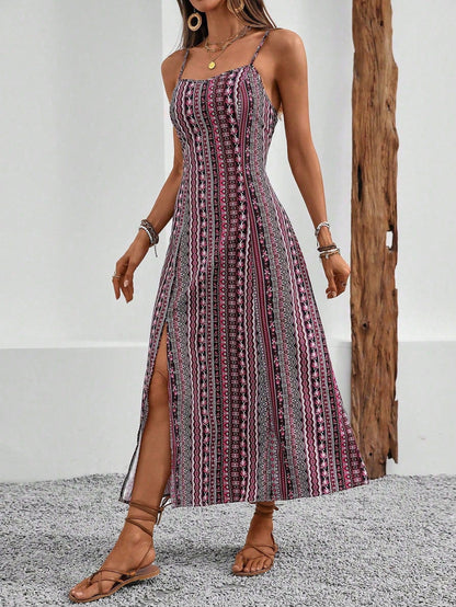 Breezaya Vintage Style Women's Printed Spaghetti Strap Dress With High Side Slit Maxi Vacation Beach Outfit
