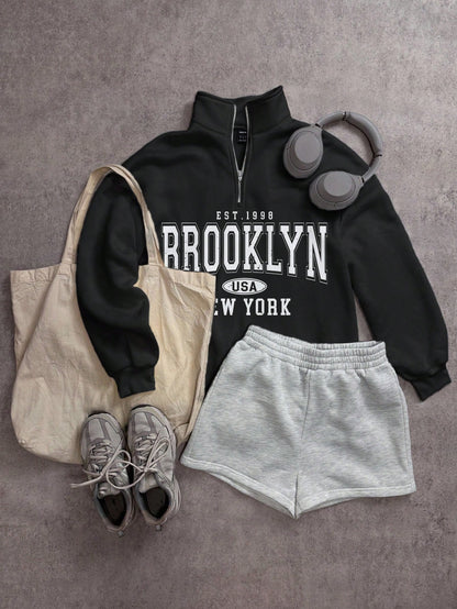 Attitoon Attitoon Retro American Campus Style Casual Oversized Unisex Women's Loose Half-Zip High Neck Fleece Hoodie, Suitable For Autumn/Winter