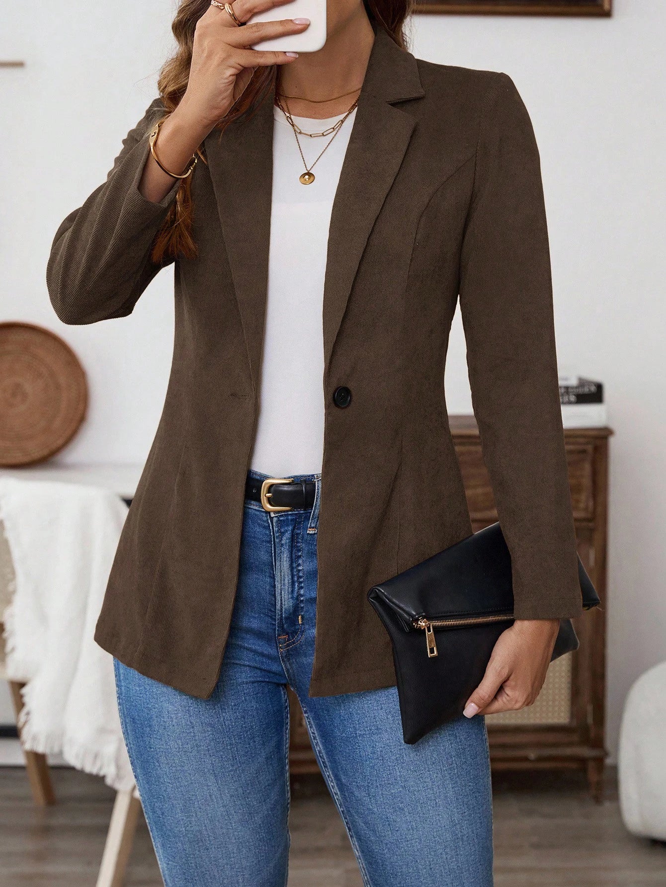 EMERY ROSE Women's Solid Color Lapel Neck Long Sleeve Single Breasted Casual Blazer Jacket, Autumn