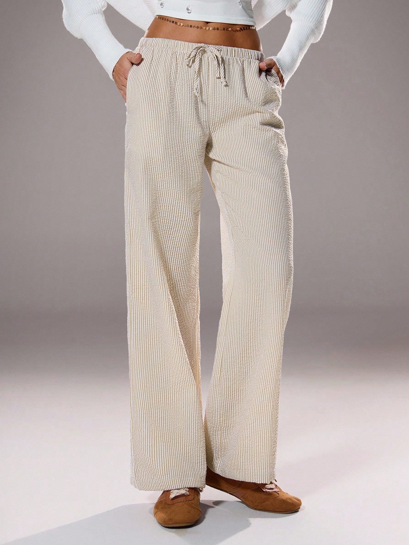 Flirla Pink Cotton Drawstring Waist Straight Leg Pants, Fashion Casual Home Wear For Women, Spring Fall Cloth For Women