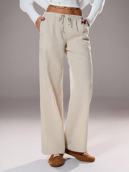 Flirla Pink Cotton Drawstring Waist Straight Leg Pants, Fashion Casual Home Wear For Women, Spring Fall Cloth For Women