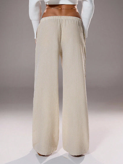 Flirla Pink Cotton Drawstring Waist Straight Leg Pants, Fashion Casual Home Wear For Women, Spring Fall Cloth For Women