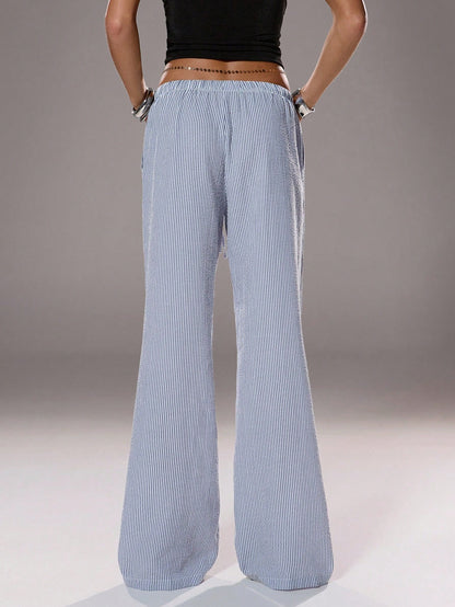 Flirla Pink Cotton Drawstring Waist Straight Leg Pants, Fashion Casual Home Wear For Women, Spring Fall Cloth For Women