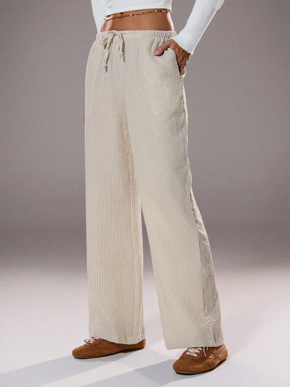 Flirla Pink Cotton Drawstring Waist Straight Leg Pants, Fashion Casual Home Wear For Women, Spring Fall Cloth For Women