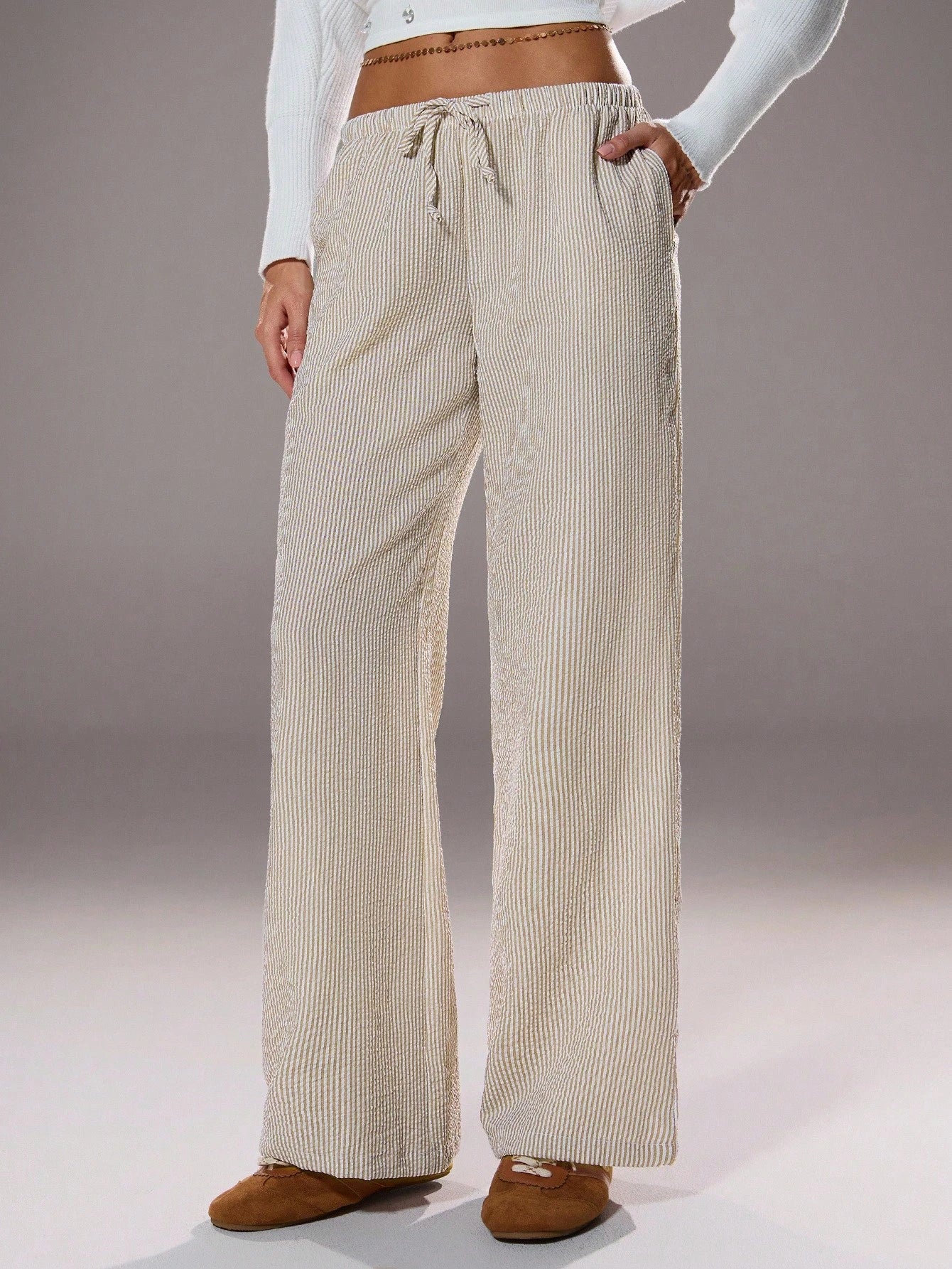 Flirla Pink Cotton Drawstring Waist Straight Leg Pants, Fashion Casual Home Wear For Women, Spring Fall Cloth For Women