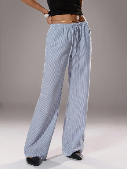 Flirla Pink Cotton Drawstring Waist Straight Leg Pants, Fashion Casual Home Wear For Women, Spring Fall Cloth For Women