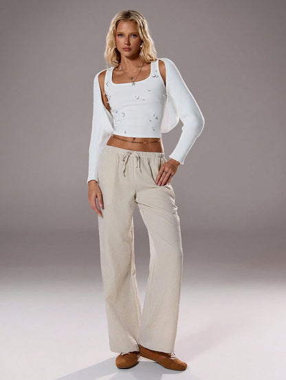 Flirla Pink Cotton Drawstring Waist Straight Leg Pants, Fashion Casual Home Wear For Women, Spring Fall Cloth For Women