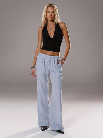 Flirla Pink Cotton Drawstring Waist Straight Leg Pants, Fashion Casual Home Wear For Women, Spring Fall Cloth For Women