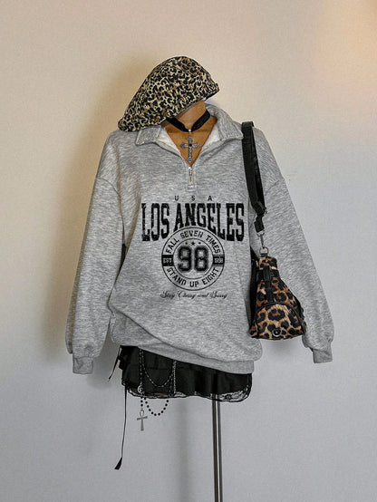 Attitoon Attitoon Retro American Campus Style Casual Oversized Unisex Women's Loose Half-Zip High Neck Fleece Hoodie, Suitable For Autumn/Winter