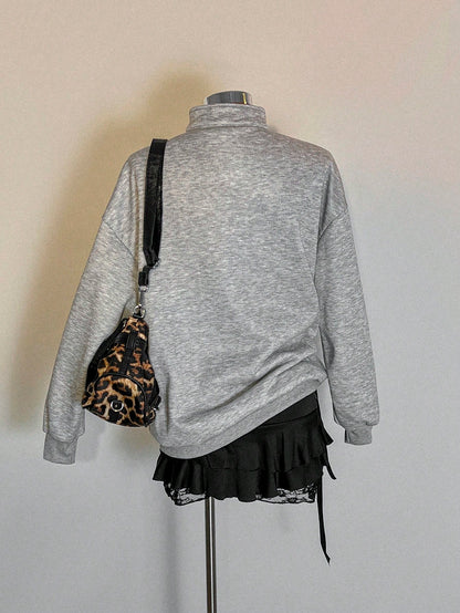 Attitoon Attitoon Retro American Campus Style Casual Oversized Unisex Women's Loose Half-Zip High Neck Fleece Hoodie, Suitable For Autumn/Winter