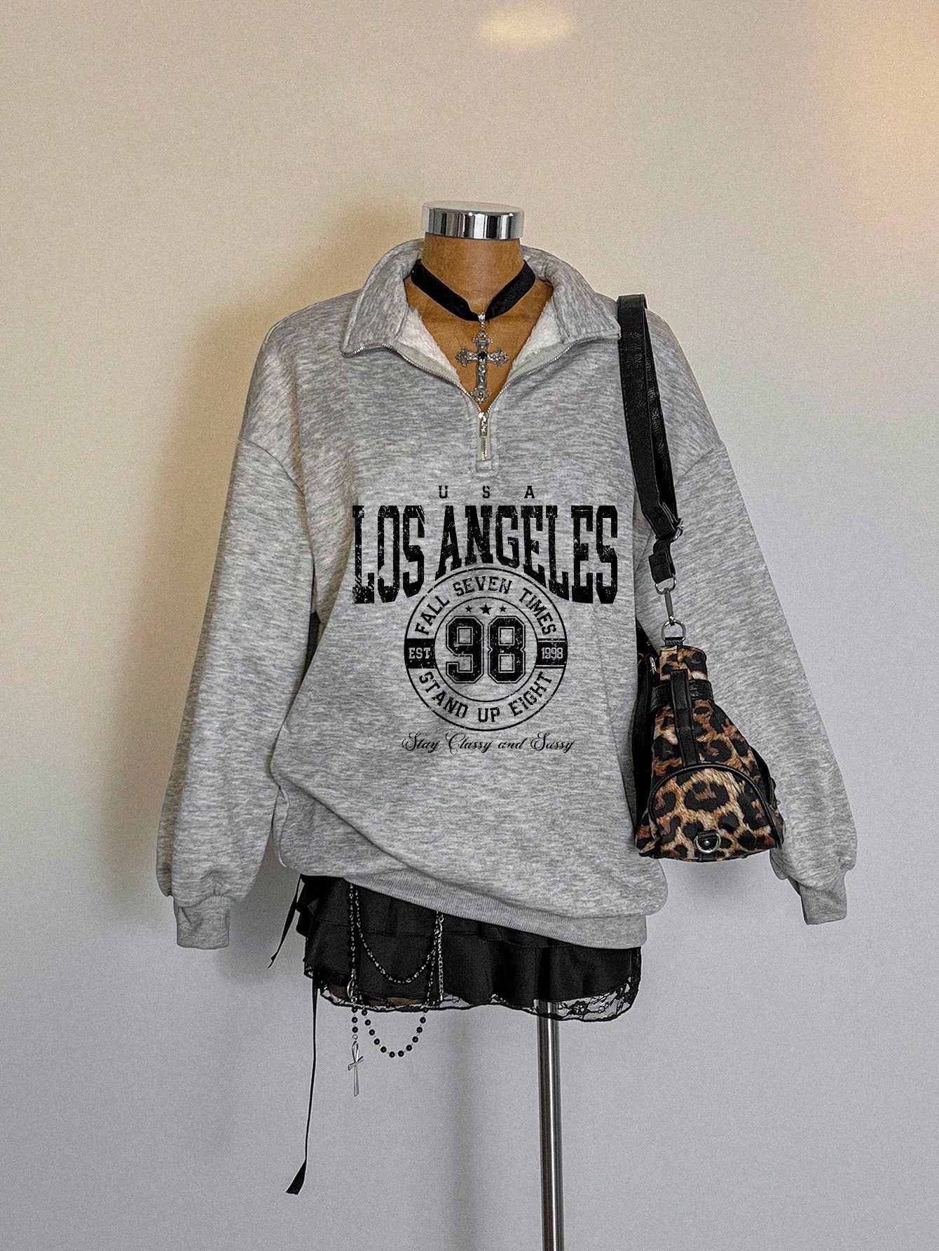 Attitoon Attitoon Retro American Campus Style Casual Oversized Unisex Women's Loose Half-Zip High Neck Fleece Hoodie, Suitable For Autumn/Winter