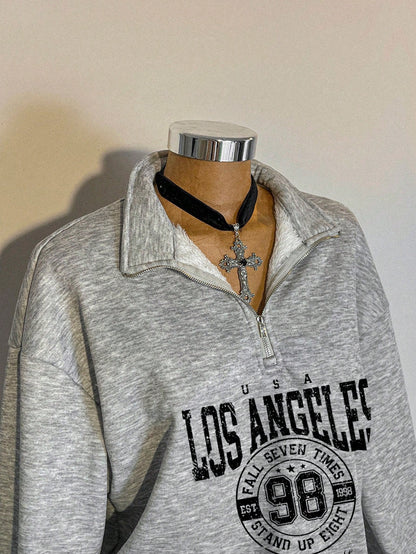 Attitoon Attitoon Retro American Campus Style Casual Oversized Unisex Women's Loose Half-Zip High Neck Fleece Hoodie, Suitable For Autumn/Winter