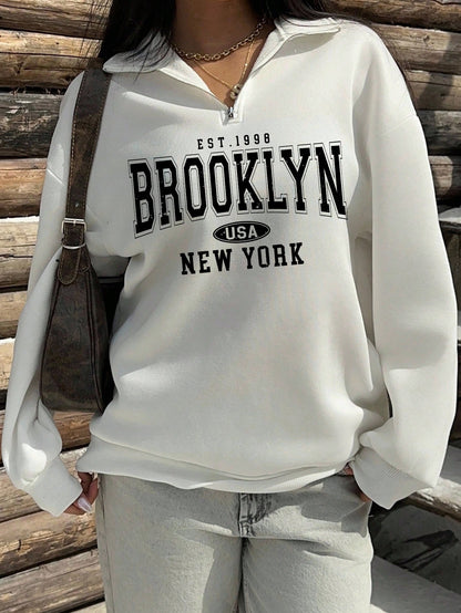 Attitoon Attitoon Retro American Campus Style Casual Oversized Unisex Women's Loose Half-Zip High Neck Fleece Hoodie, Suitable For Autumn/Winter