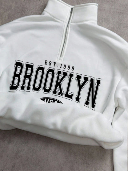 Attitoon Attitoon Retro American Campus Style Casual Oversized Unisex Women's Loose Half-Zip High Neck Fleece Hoodie, Suitable For Autumn/Winter