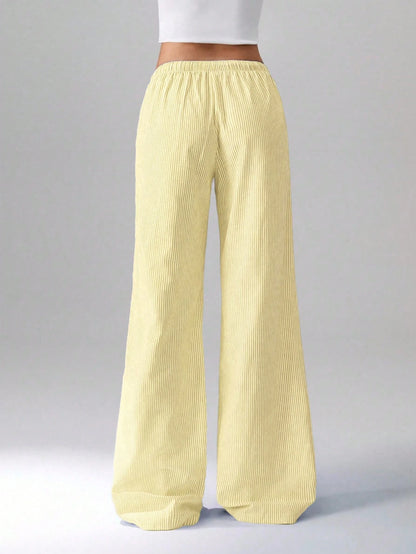 Flirla Pink Cotton Drawstring Waist Straight Leg Pants, Fashion Casual Home Wear For Women, Spring Fall Cloth For Women