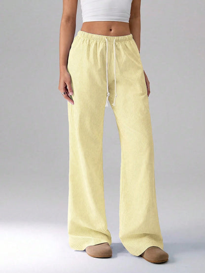 Flirla Pink Cotton Drawstring Waist Straight Leg Pants, Fashion Casual Home Wear For Women, Spring Fall Cloth For Women