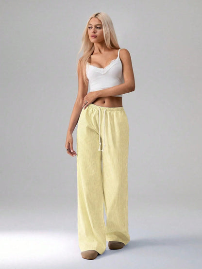 Flirla Pink Cotton Drawstring Waist Straight Leg Pants, Fashion Casual Home Wear For Women, Spring Fall Cloth For Women