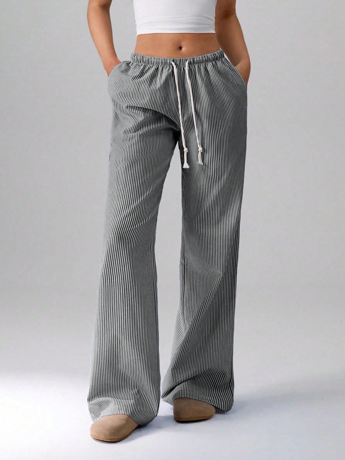 Flirla Pink Cotton Drawstring Waist Straight Leg Pants, Fashion Casual Home Wear For Women, Spring Fall Cloth For Women