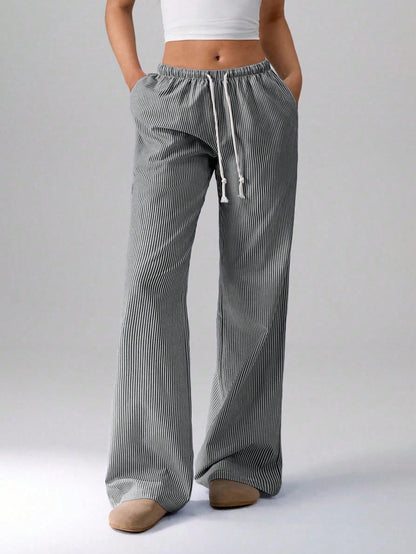 Flirla Pink Cotton Drawstring Waist Straight Leg Pants, Fashion Casual Home Wear For Women, Spring Fall Cloth For Women