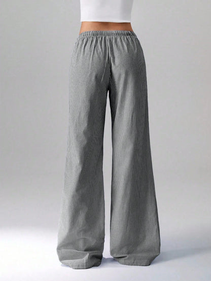 Flirla Pink Cotton Drawstring Waist Straight Leg Pants, Fashion Casual Home Wear For Women, Spring Fall Cloth For Women