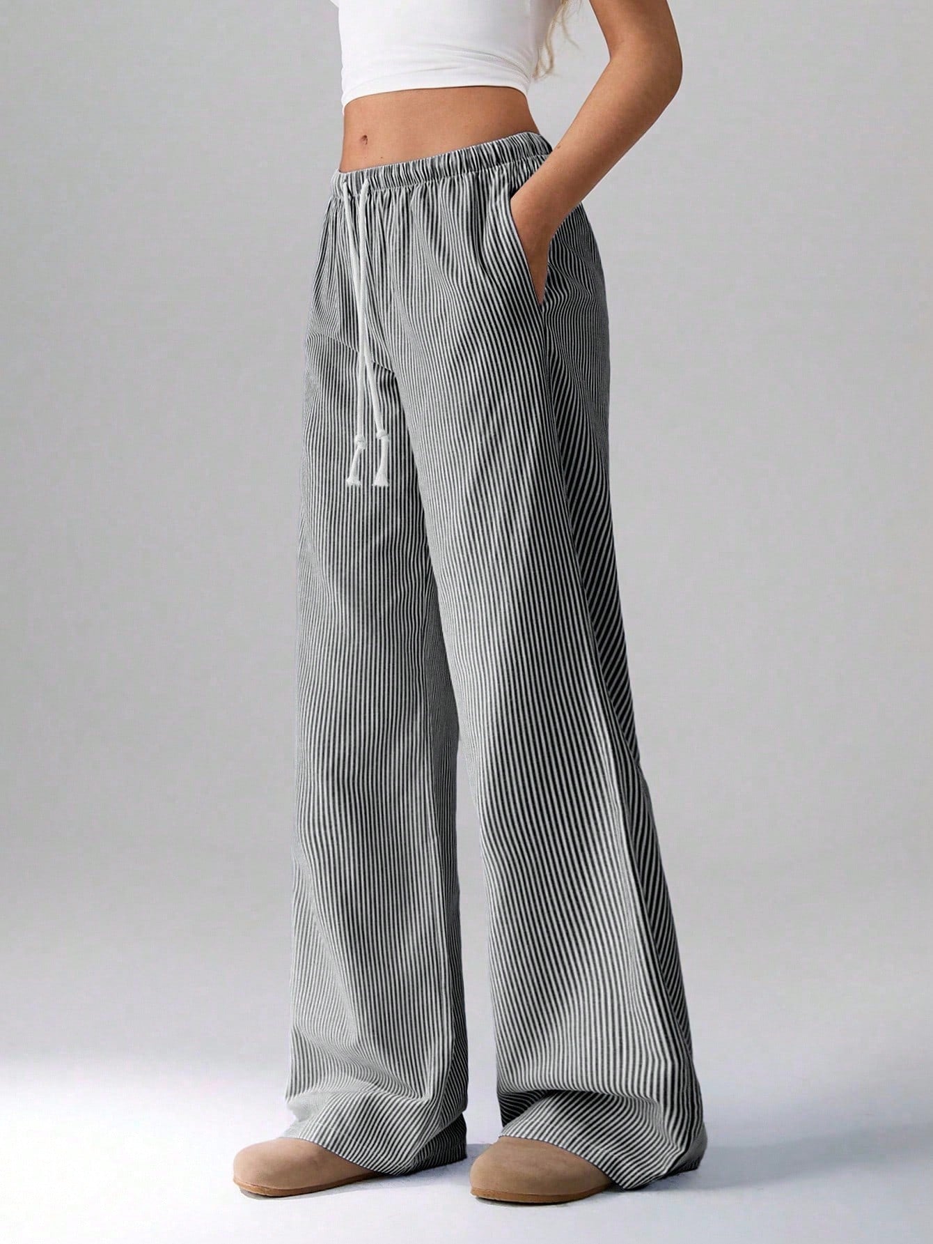 Flirla Pink Cotton Drawstring Waist Straight Leg Pants, Fashion Casual Home Wear For Women, Spring Fall Cloth For Women