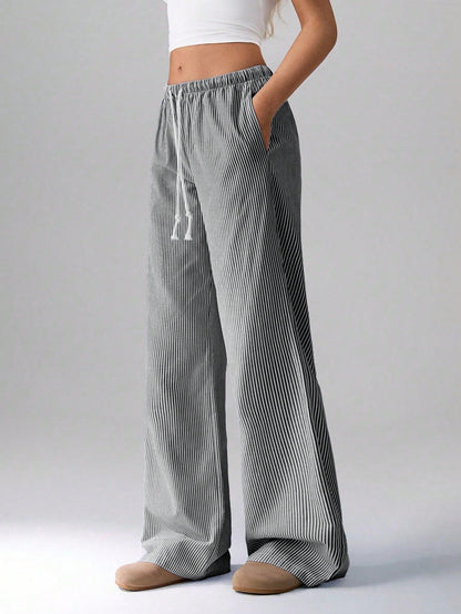 Flirla Pink Cotton Drawstring Waist Straight Leg Pants, Fashion Casual Home Wear For Women, Spring Fall Cloth For Women