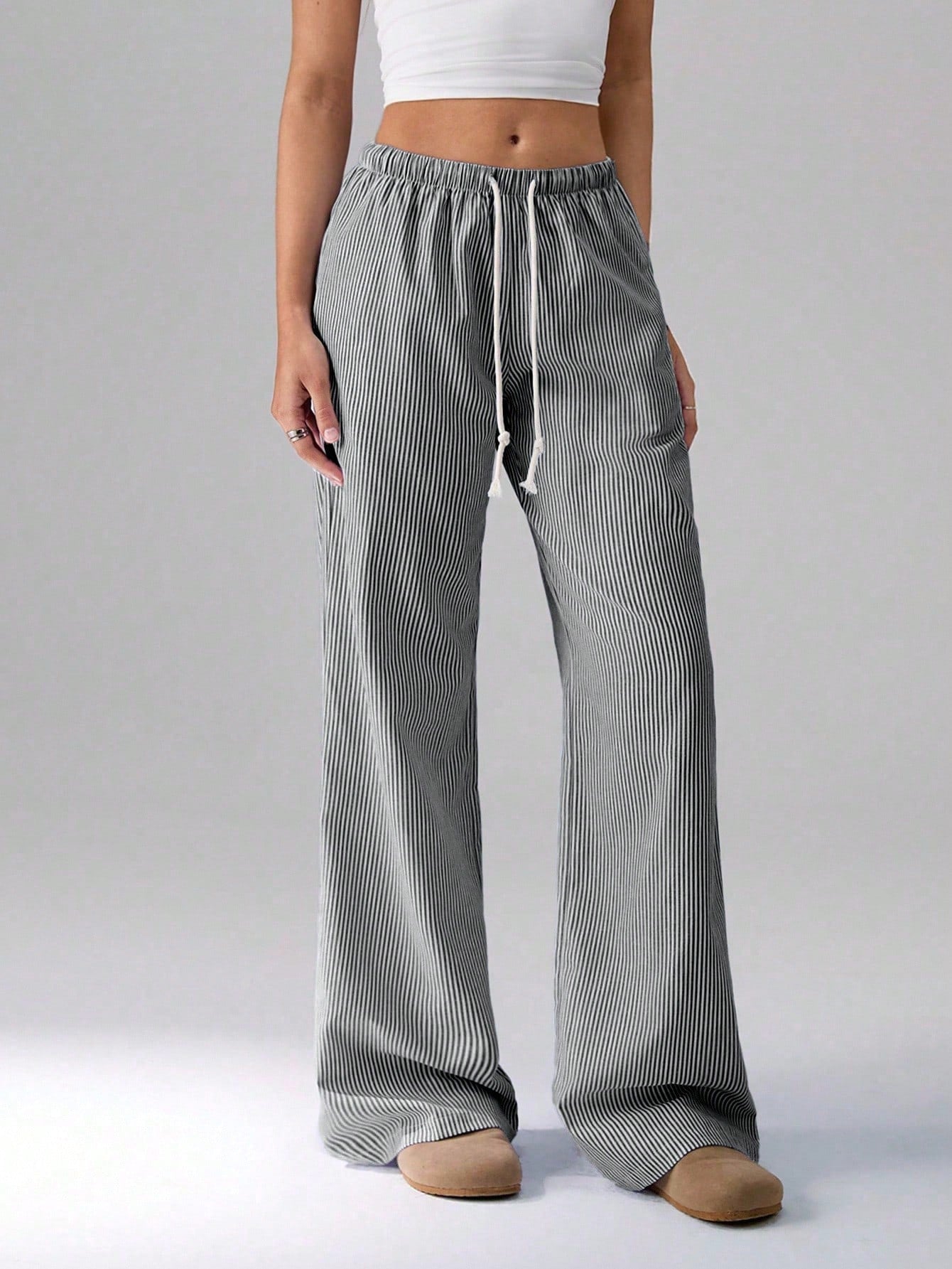 Flirla Pink Cotton Drawstring Waist Straight Leg Pants, Fashion Casual Home Wear For Women, Spring Fall Cloth For Women