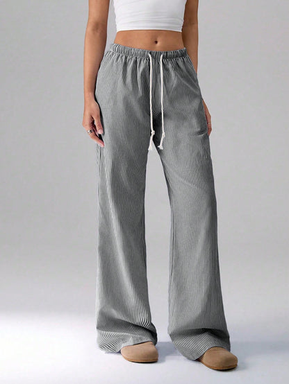 Flirla Pink Cotton Drawstring Waist Straight Leg Pants, Fashion Casual Home Wear For Women, Spring Fall Cloth For Women