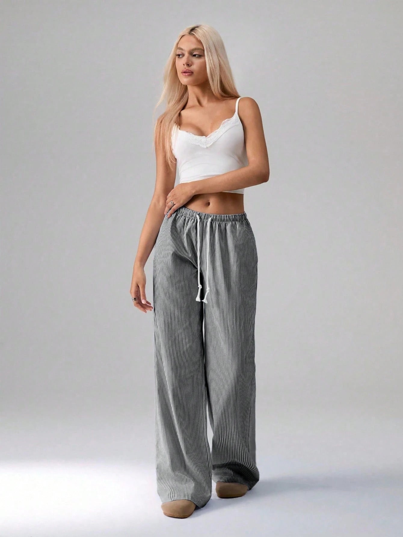 Flirla Pink Cotton Drawstring Waist Straight Leg Pants, Fashion Casual Home Wear For Women, Spring Fall Cloth For Women