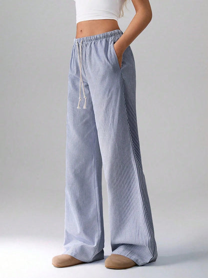 Flirla Pink Cotton Drawstring Waist Straight Leg Pants, Fashion Casual Home Wear For Women, Spring Fall Cloth For Women