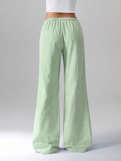 Flirla Pink Cotton Drawstring Waist Straight Leg Pants, Fashion Casual Home Wear For Women, Spring Fall Cloth For Women