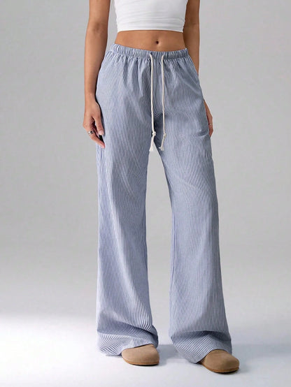 Flirla Pink Cotton Drawstring Waist Straight Leg Pants, Fashion Casual Home Wear For Women, Spring Fall Cloth For Women