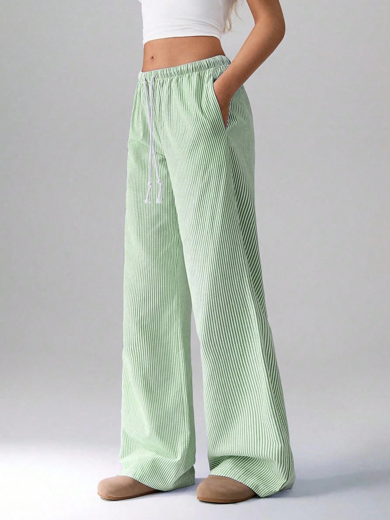 Flirla Pink Cotton Drawstring Waist Straight Leg Pants, Fashion Casual Home Wear For Women, Spring Fall Cloth For Women