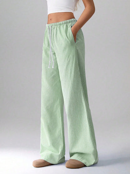 Flirla Pink Cotton Drawstring Waist Straight Leg Pants, Fashion Casual Home Wear For Women, Spring Fall Cloth For Women