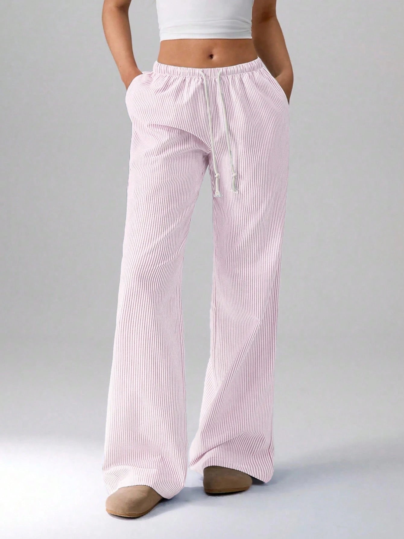 Flirla Pink Cotton Drawstring Waist Straight Leg Pants, Fashion Casual Home Wear For Women, Spring Fall Cloth For Women