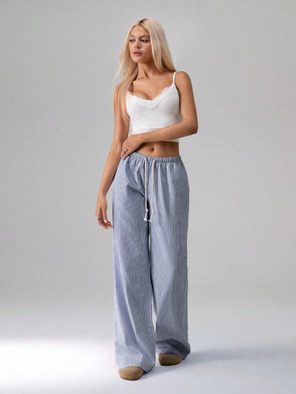 Flirla Pink Cotton Drawstring Waist Straight Leg Pants, Fashion Casual Home Wear For Women, Spring Fall Cloth For Women