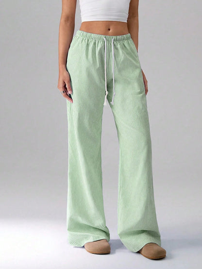 Flirla Pink Cotton Drawstring Waist Straight Leg Pants, Fashion Casual Home Wear For Women, Spring Fall Cloth For Women