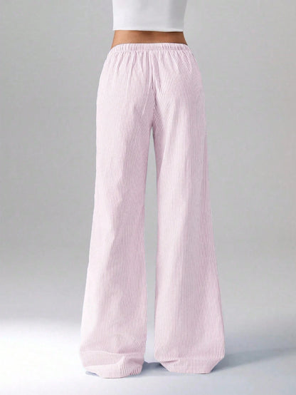 Flirla Pink Cotton Drawstring Waist Straight Leg Pants, Fashion Casual Home Wear For Women, Spring Fall Cloth For Women
