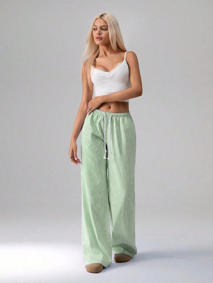 Flirla Pink Cotton Drawstring Waist Straight Leg Pants, Fashion Casual Home Wear For Women, Spring Fall Cloth For Women