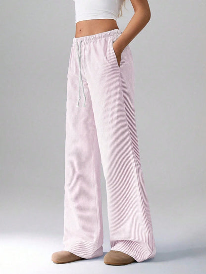Flirla Pink Cotton Drawstring Waist Straight Leg Pants, Fashion Casual Home Wear For Women, Spring Fall Cloth For Women